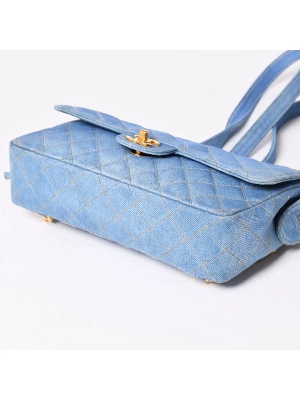Chanel Quilted Denim Backpack Turnlock Indigo Blue Gold